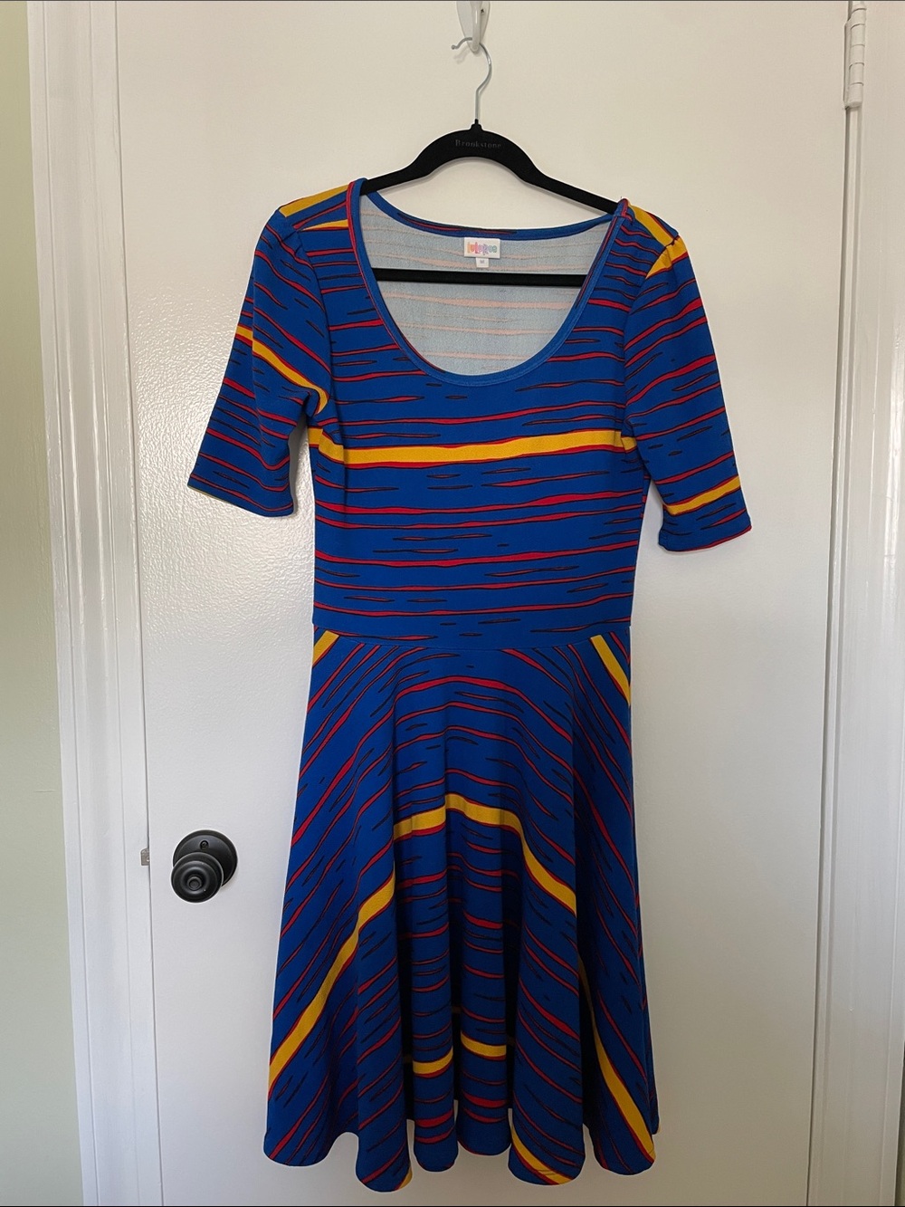 LuLaRoe Blue Midi Dress with Yellow and Red Stripes